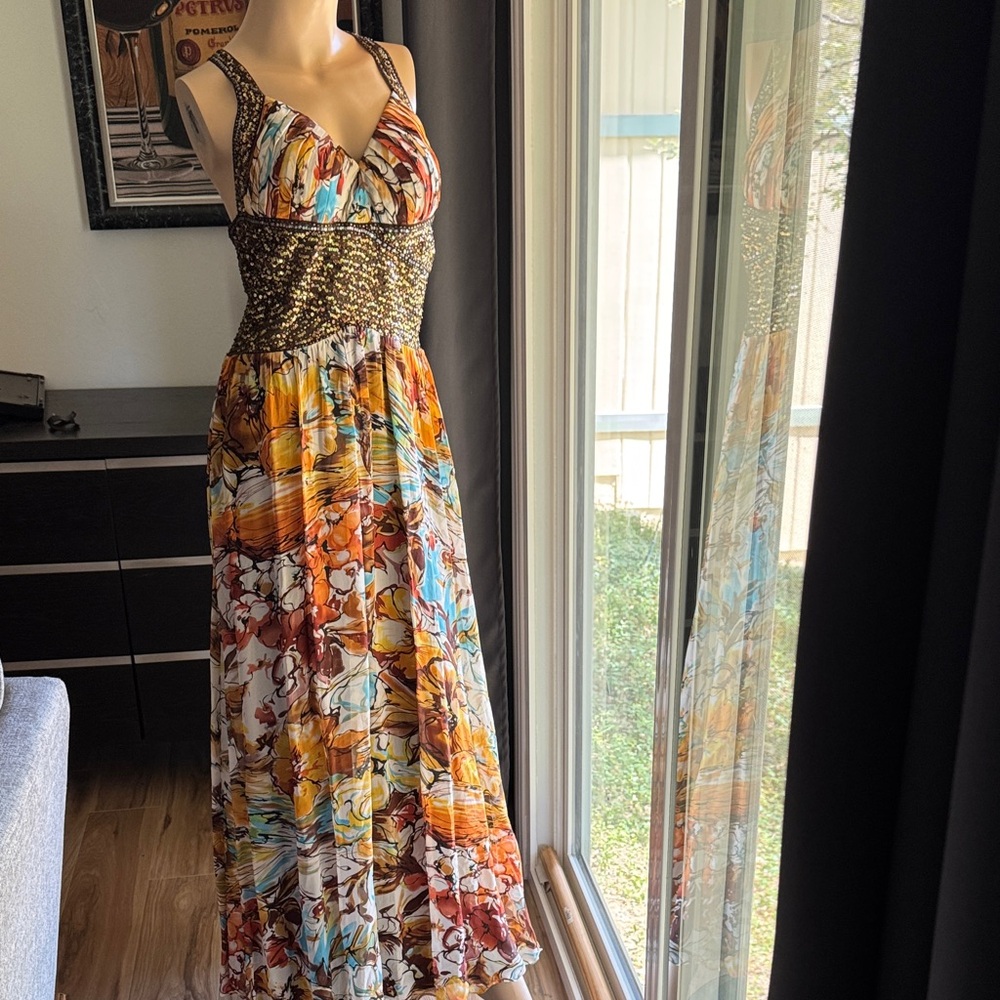 Nina Austin Vibrant Multicolor Maxi Dress (9}